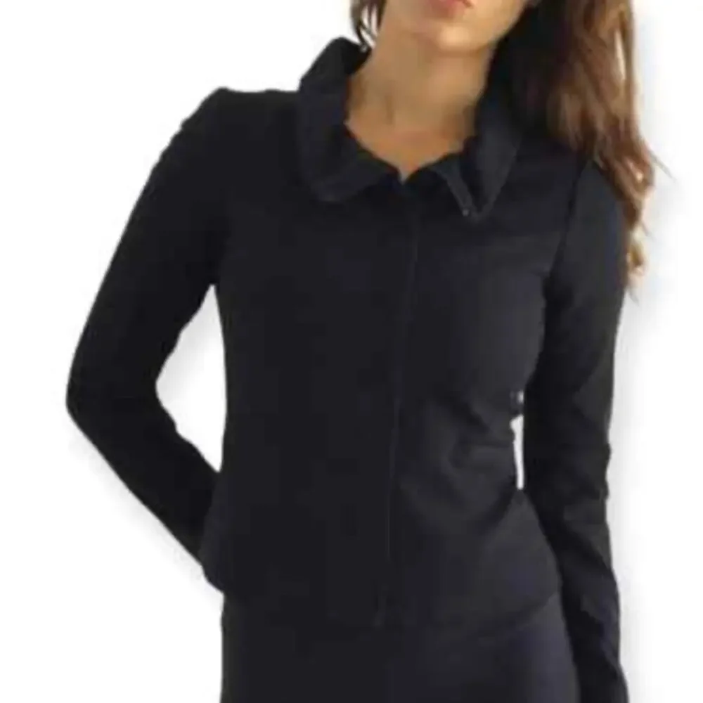 Theory Mariony‎ Black Ruffled Neck Zip Up Ponte Knit Zip Up Blazer Jacket Sz 4